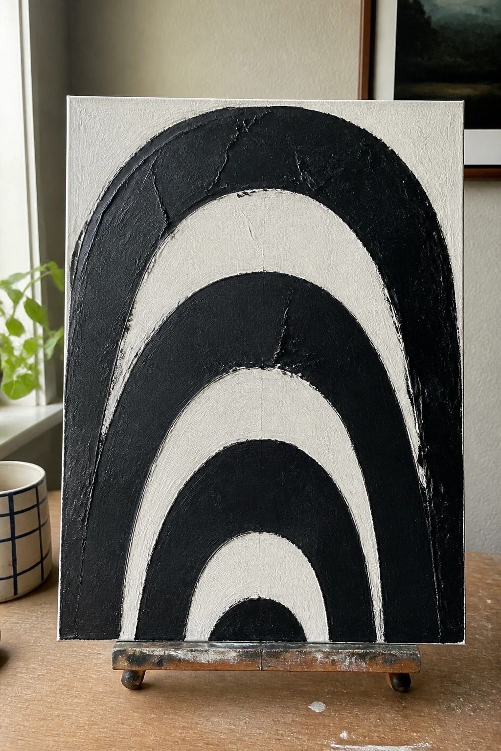 Abstract black and white arched painting on canvas propped on wooden easel