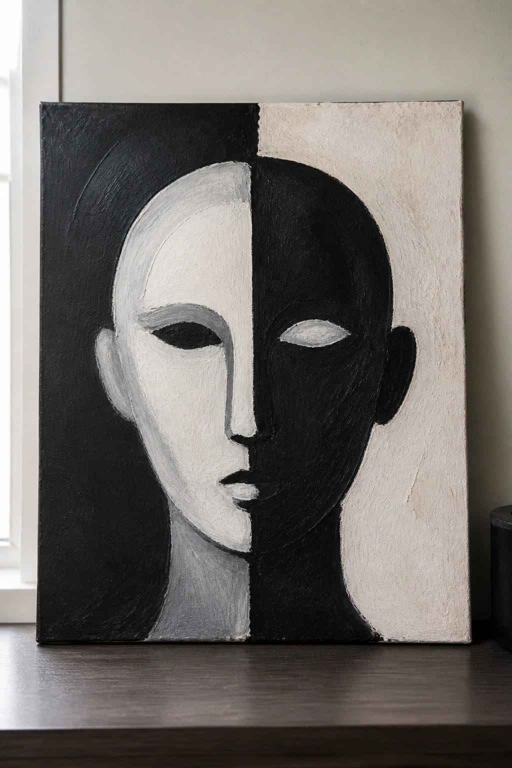 Abstract monochrome painting of a vertically split face in black and white