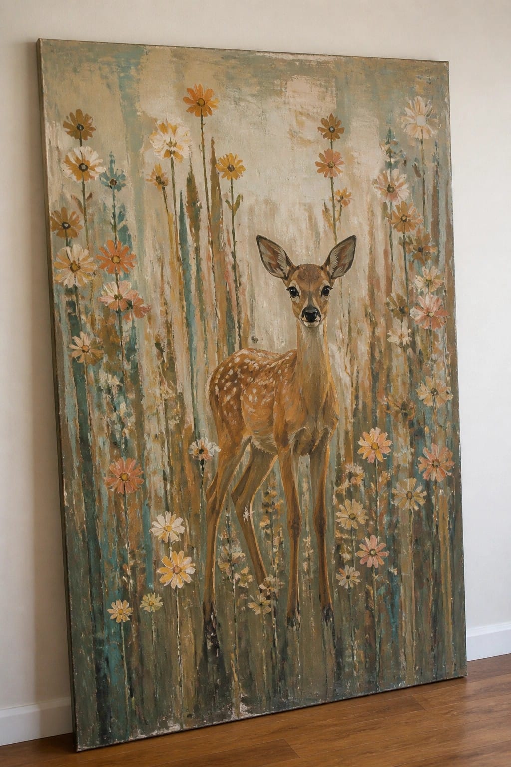 Textured painting of a spotted fawn amid tall colorful wildflowers in muted tones.