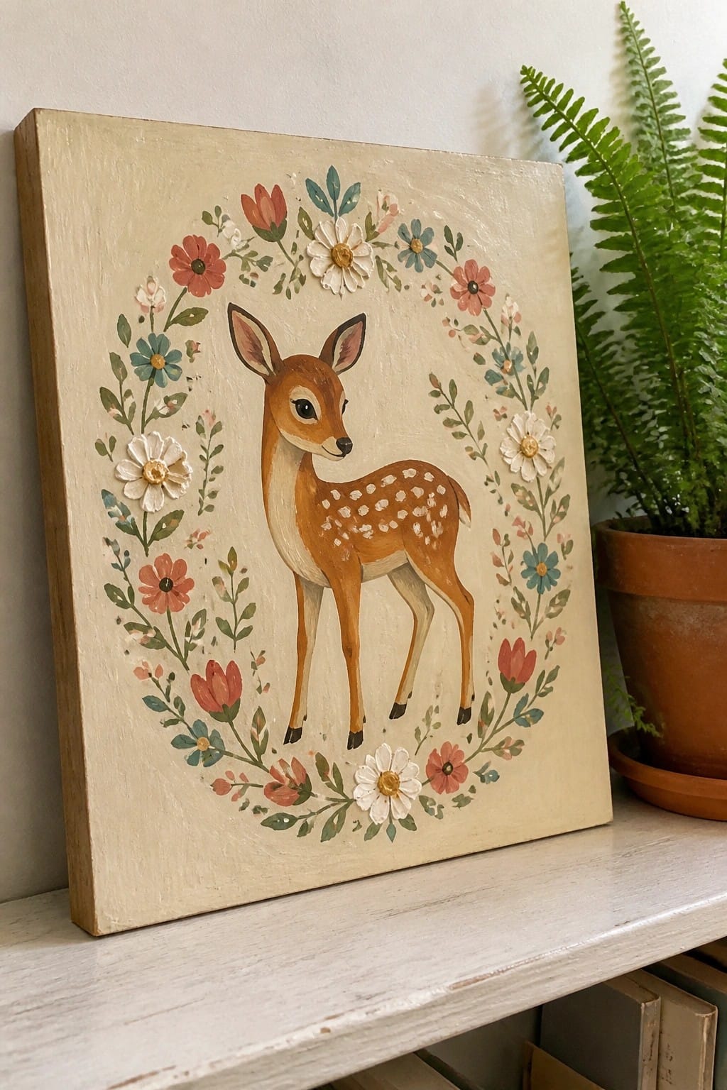 Vintage canvas painting of a spotted fawn encircled by a colorful floral wreath