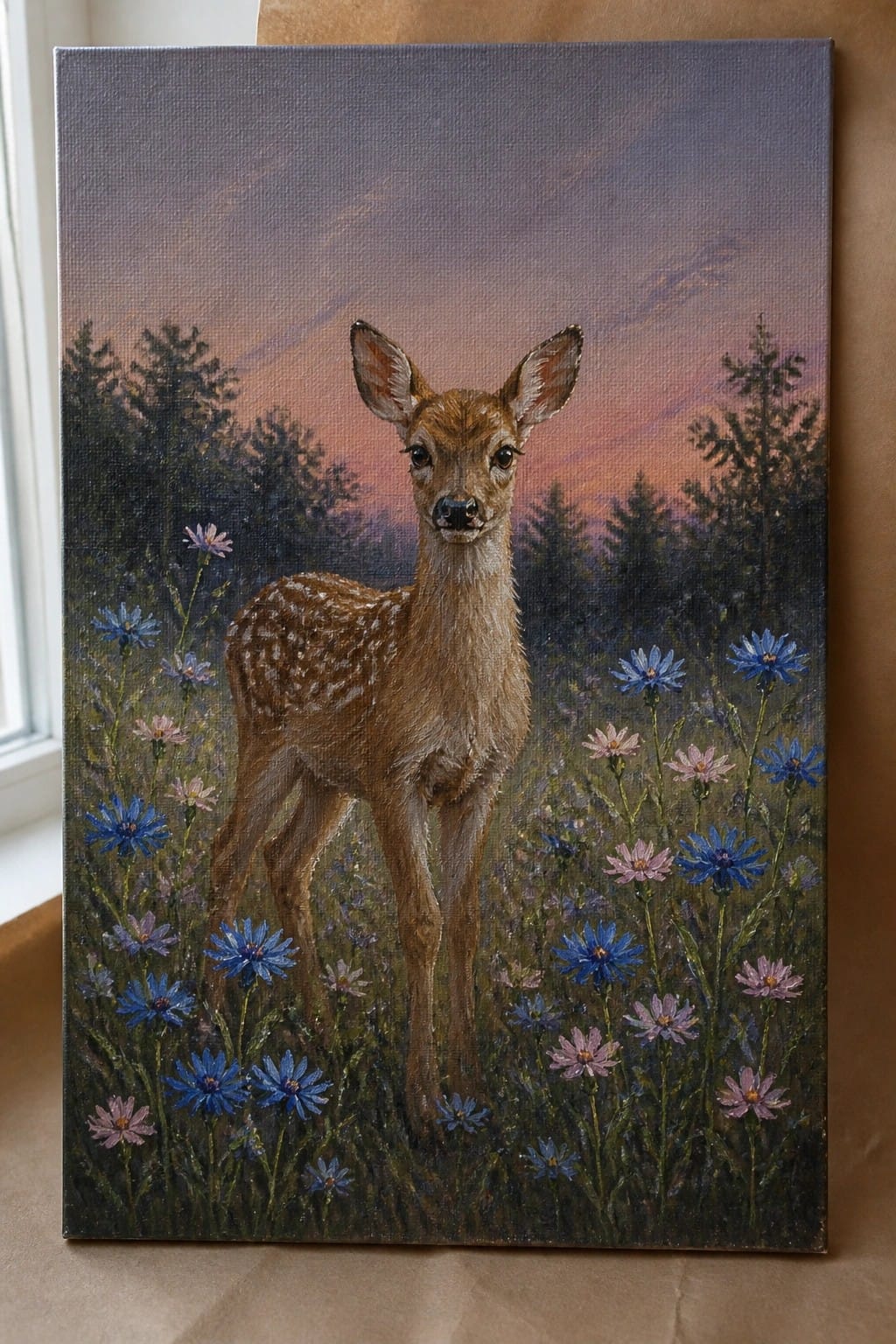 Spotted fawn stands amid blue and pink wildflowers in a sunset forest meadow