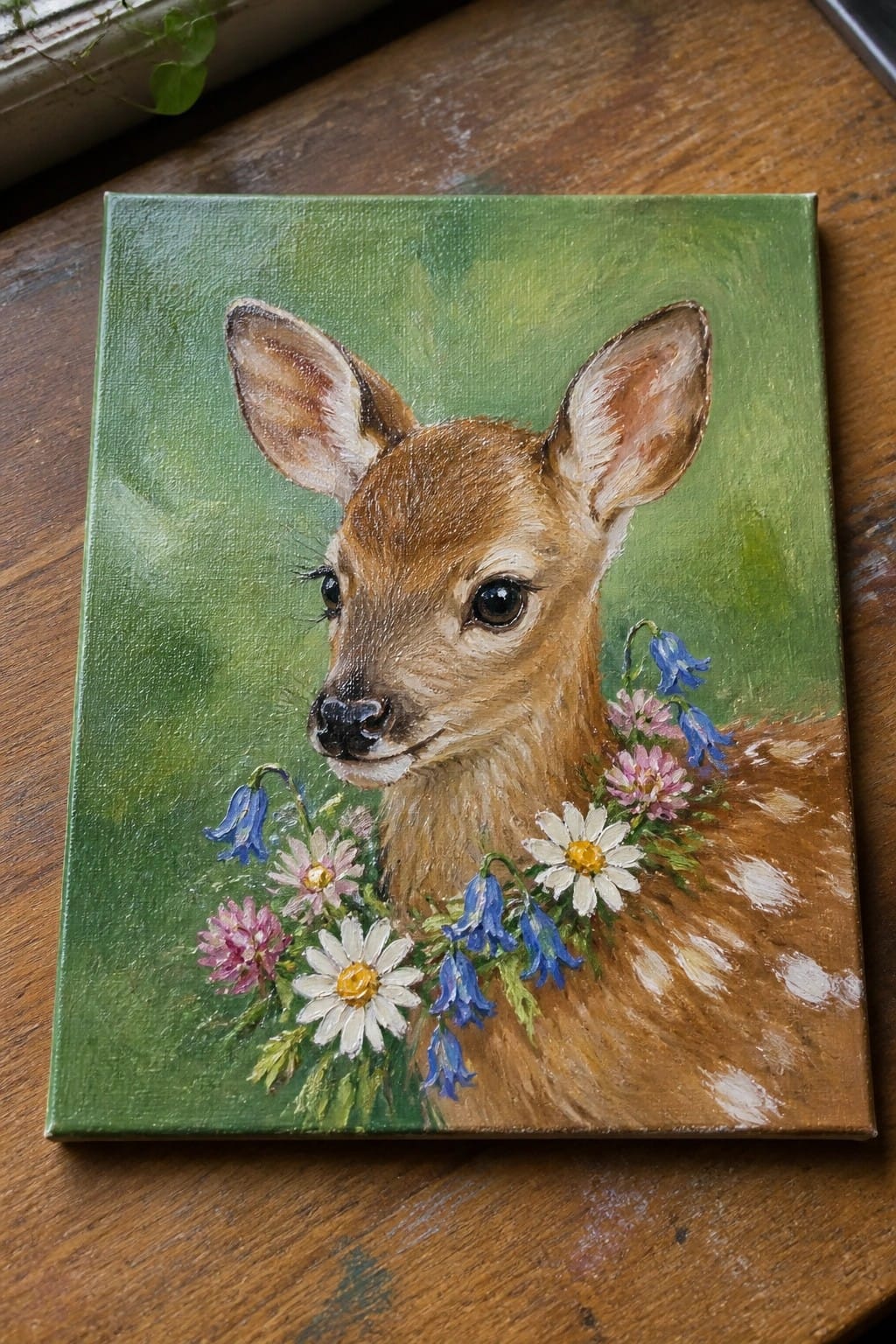 Realistic painting of a fawn with white spots and colorful flowers on green canvas