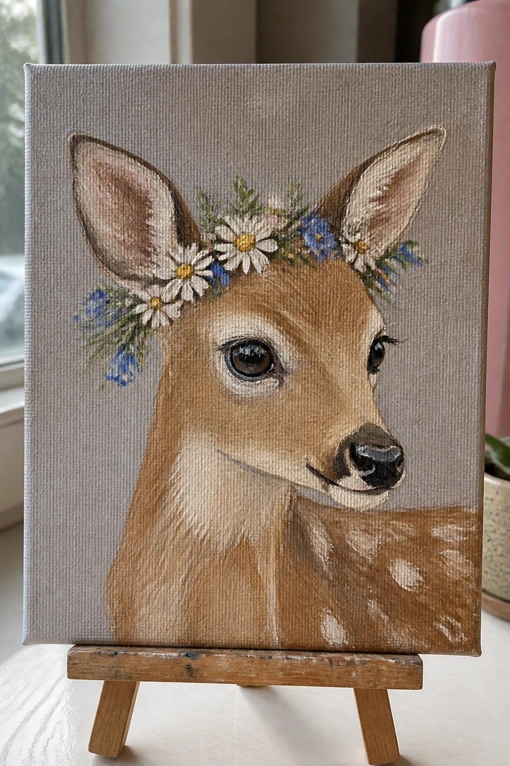 Brown fawn with daisy and blue flower crown on wooden easel
