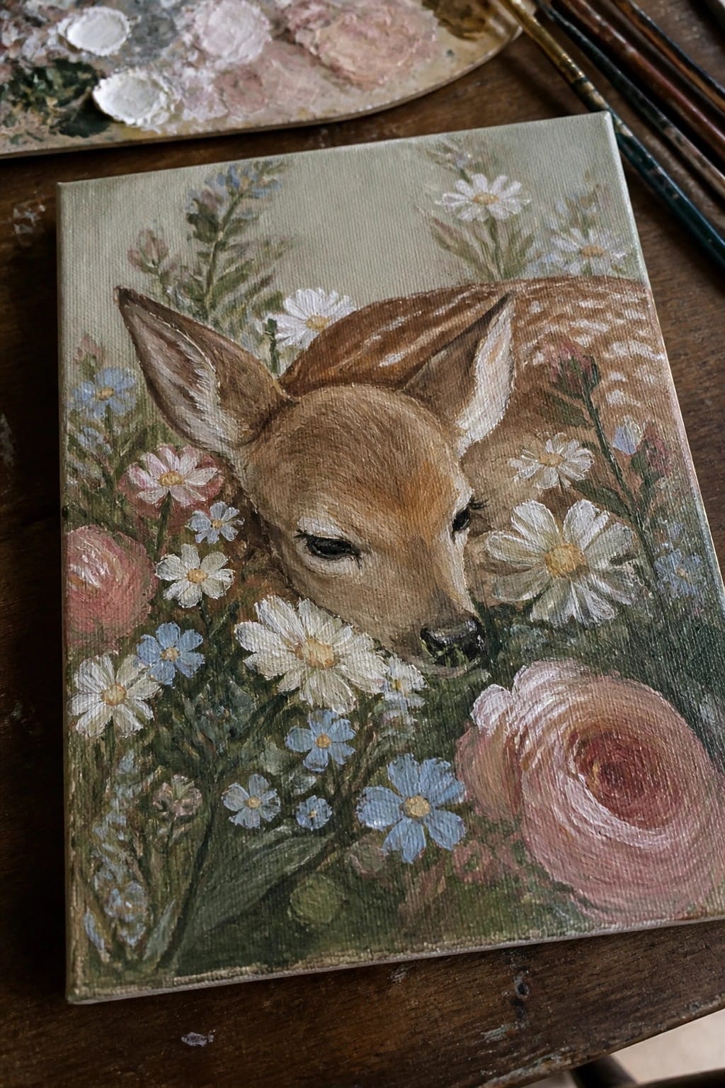 Oil painting of fawn nestled among daisies and roses beside palette and brushes.