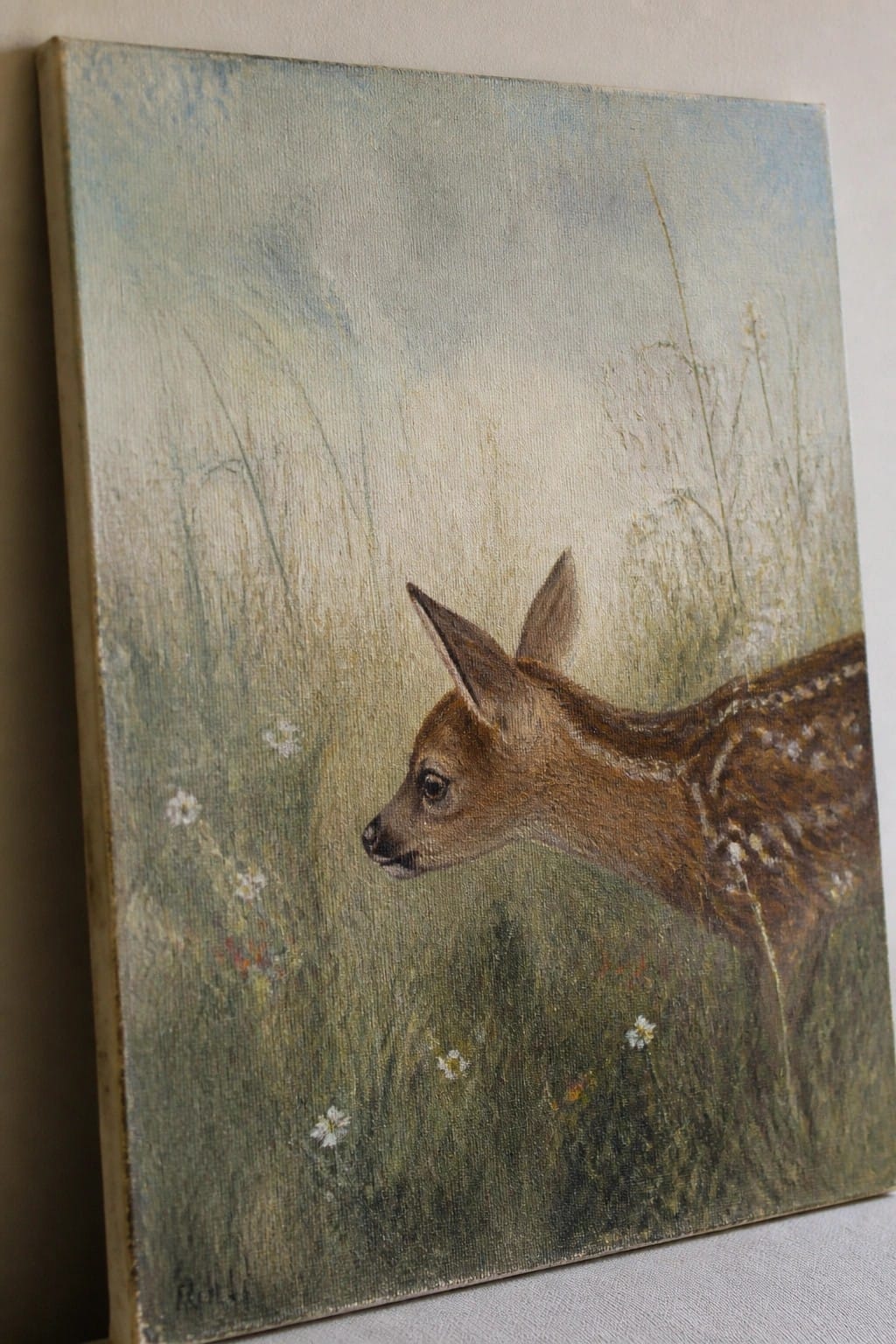 Spotted fawn stands in tall grass amid small white and yellow wildflowers.