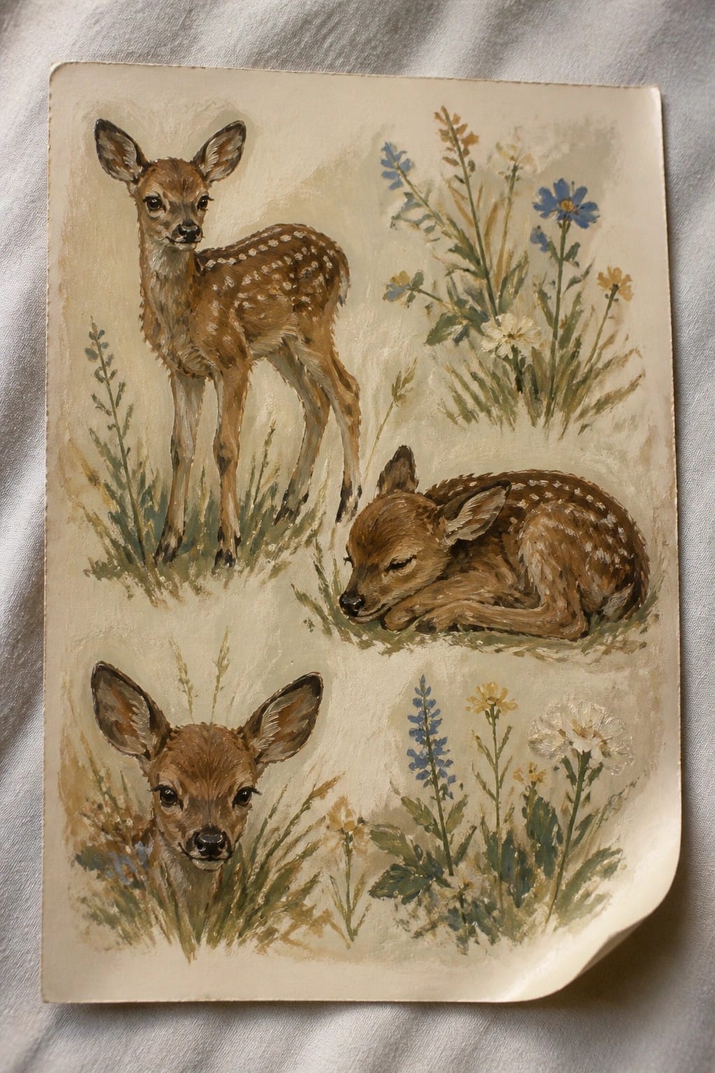 Three spotted fawns standing, sleeping, and close-up amid wildflowers and grass.