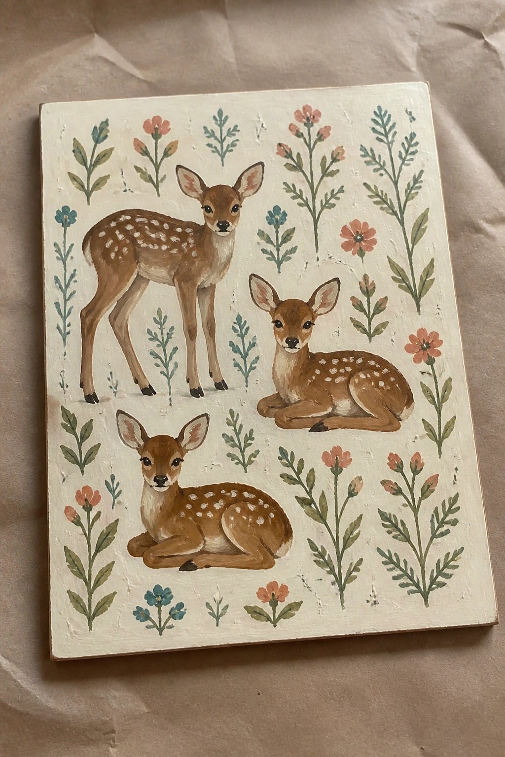 Three spotted fawns amid pink, blue flowers and green foliage on textured canvas