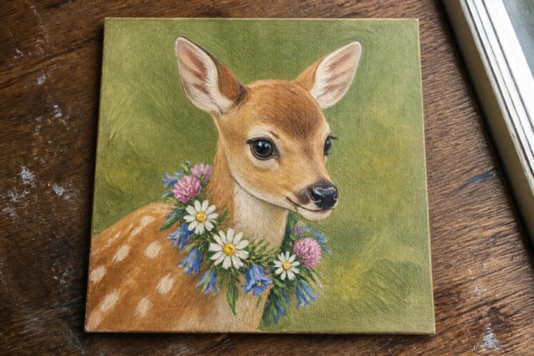 Realistic painting of a fawn with white spots and colorful flowers on green canvas