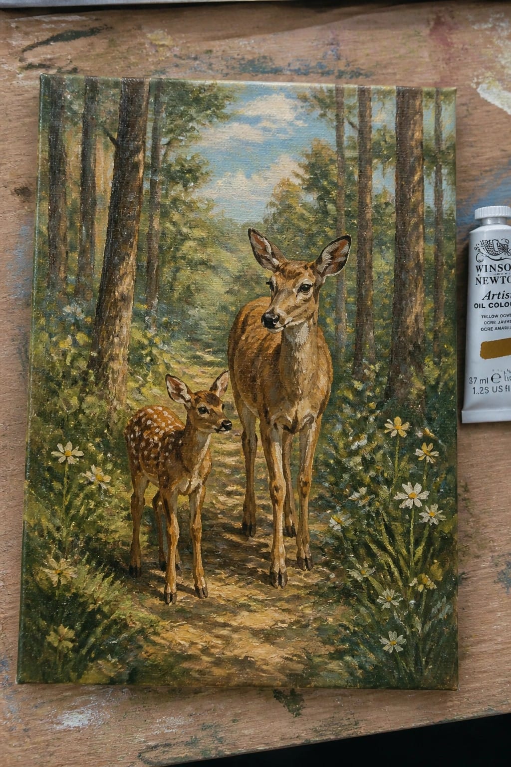 Oil painting of doe and spotted fawn on forest path with daisies and paint tube.