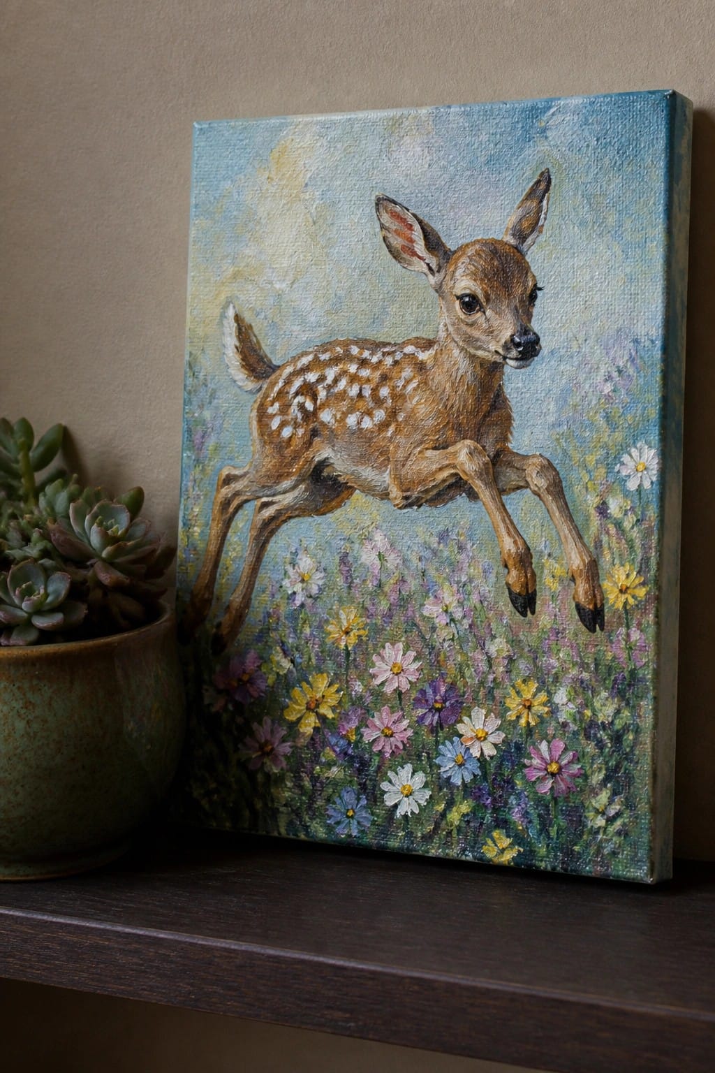 A realistic oil painting of a spotted fawn leaping over a field of multicolored wildflowers under a blue sky, displayed on a shelf next to a potted succulent.