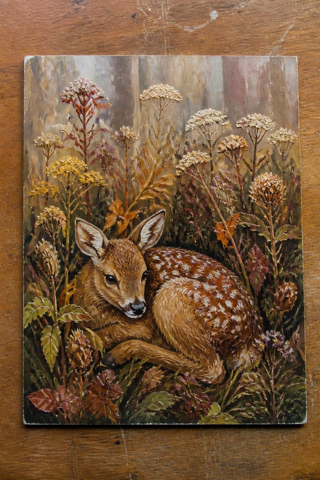 A realistic oil painting of a spotted fawn resting among tall wildflowers and plants in a forest setting.