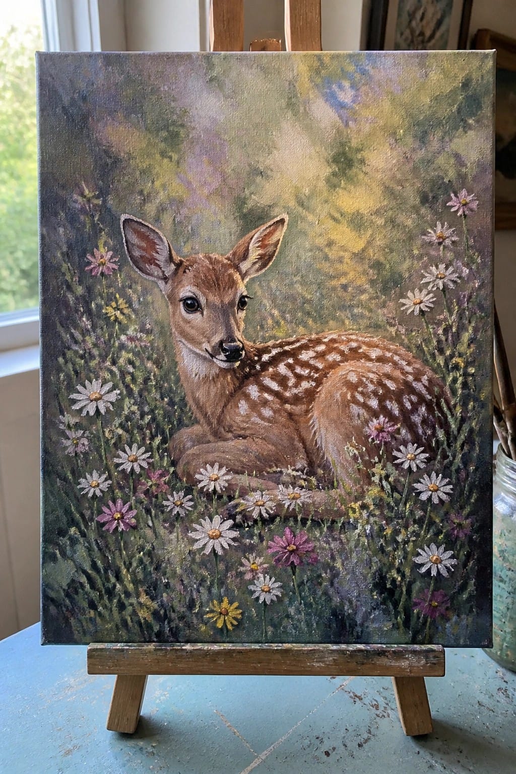 Painting of spotted fawn resting among white daisies and purple wildflowers on easel