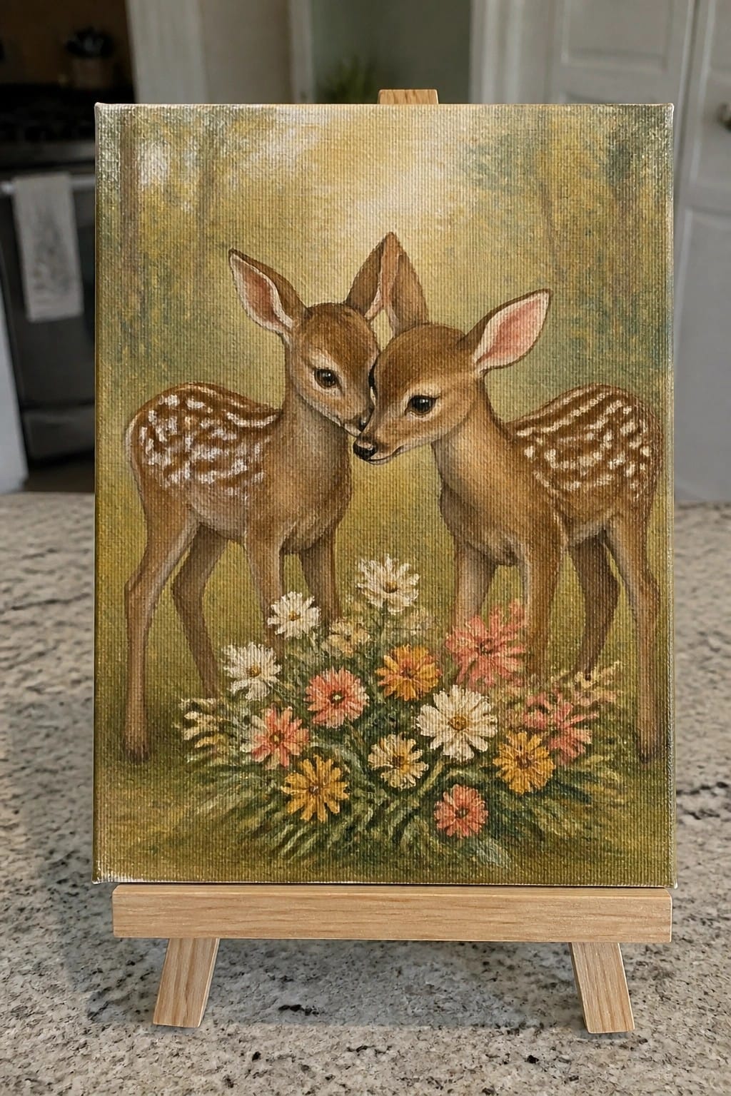 Two spotted fawns nuzzle noses above colorful wildflowers in a soft meadow painting.