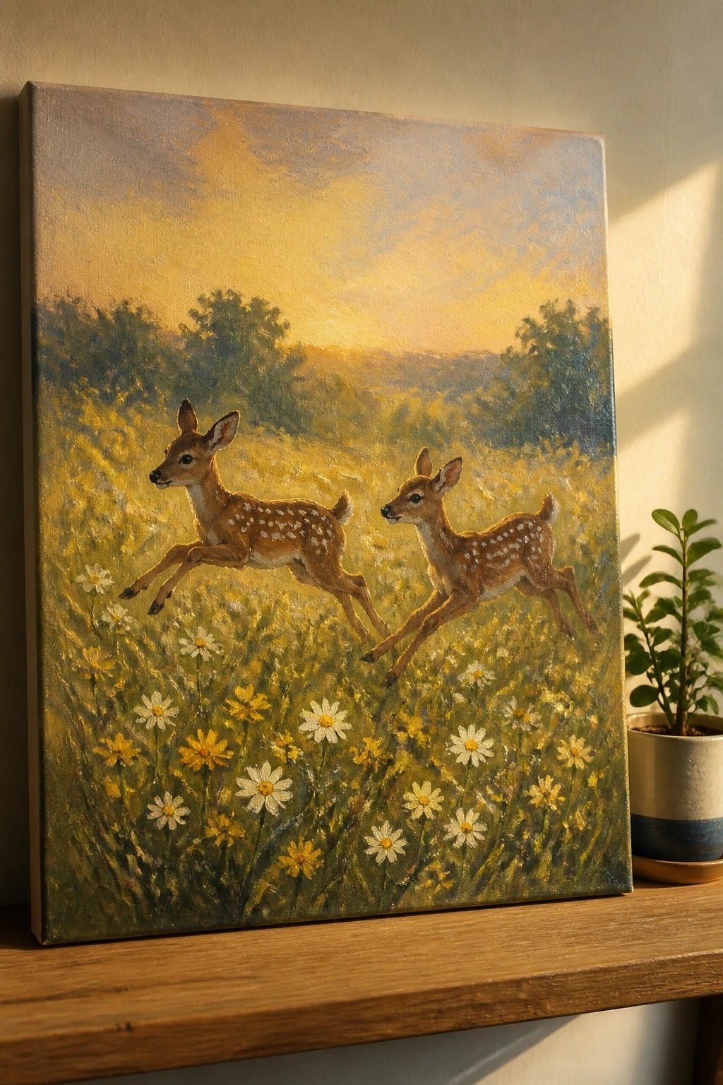 Two oil-painted fawns leaping through a field of white and yellow wildflowers under a golden sky.