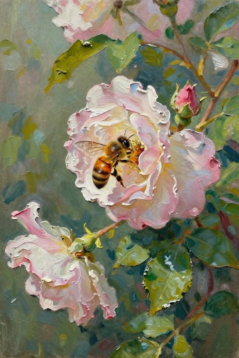 Bee on pink rose amid green leaves in textured oil painting style