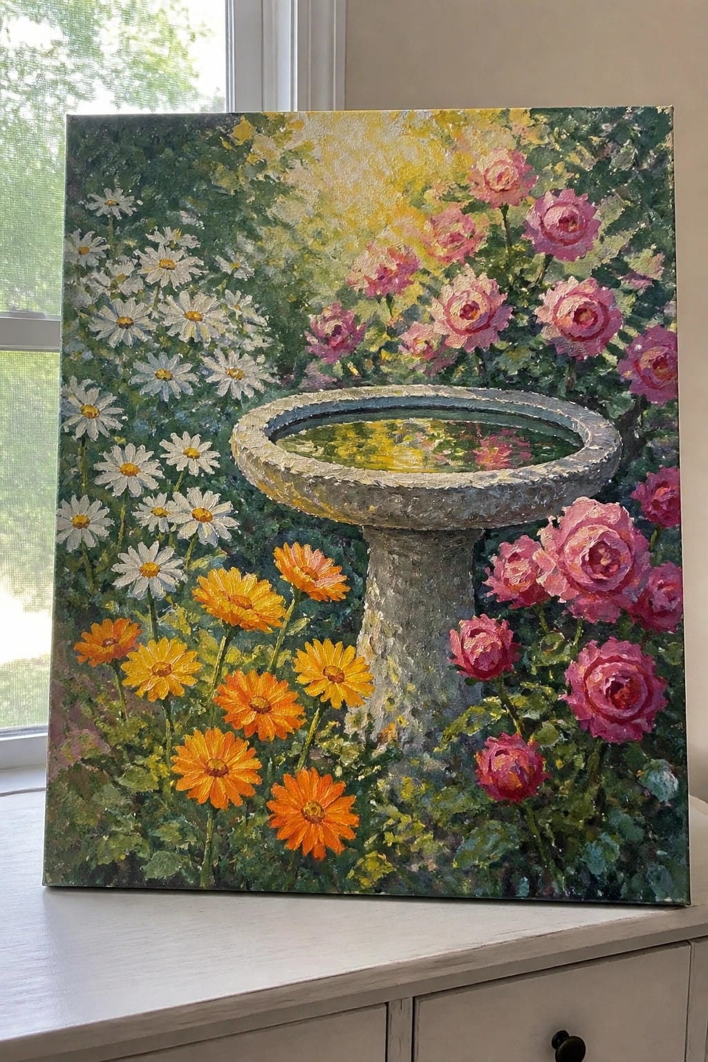 Oil painting of stone birdbath amid pink roses, white daisies, and orange flowers.