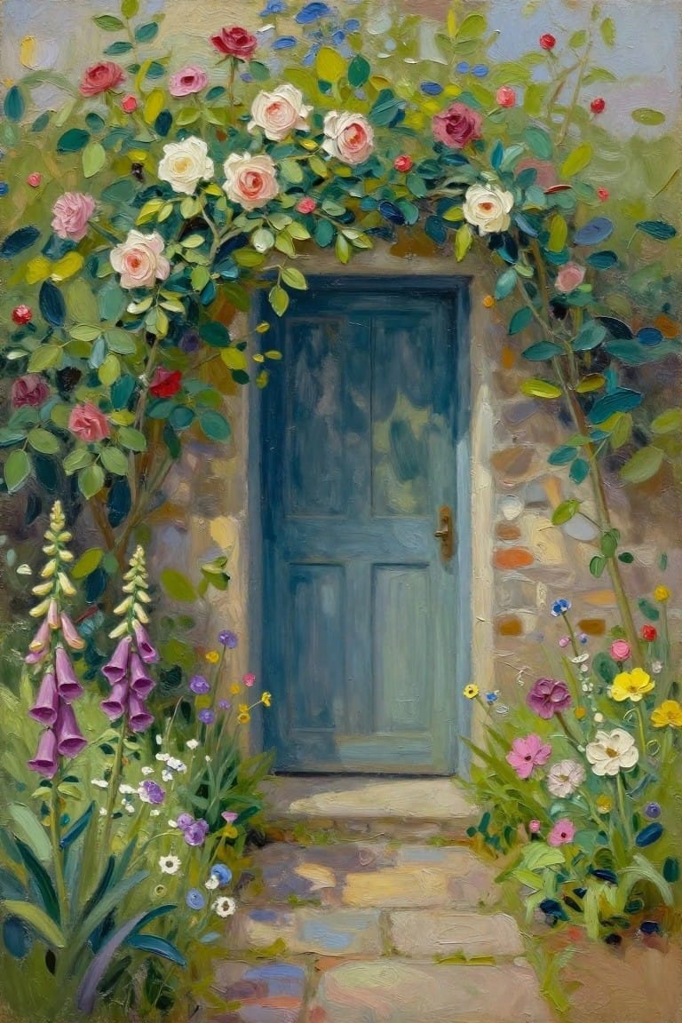 Blue door in stone wall framed by blooming roses and stone steps