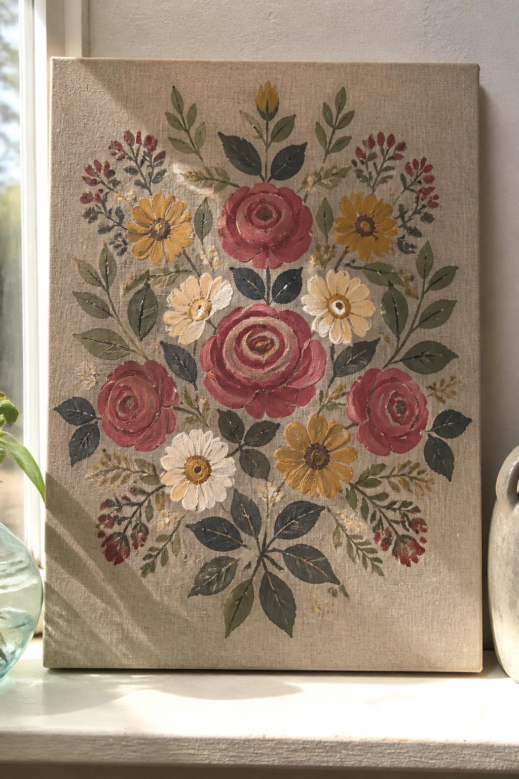 Floral canvas painting with red roses, yellow daisies, and green leaves on windowsill