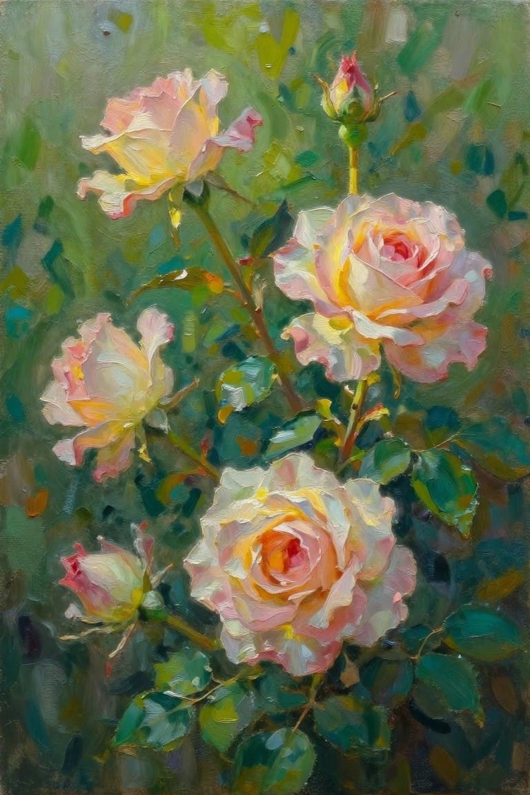 Impressionistic painting of blooming pink and yellow roses amid lush green leaves and buds