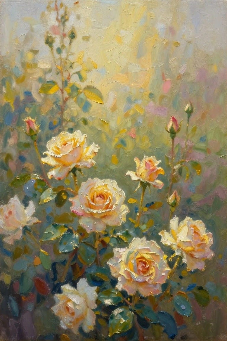 Impressionistic oil painting of dew-covered yellow roses in soft pastels