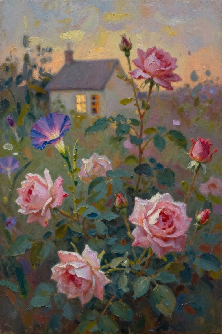 Pink roses blooming before a cottage at sunset amid colorful flowers