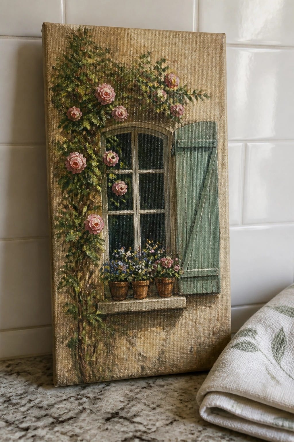 Vintage canvas painting of window with green shutters, pink climbing roses and flower pots