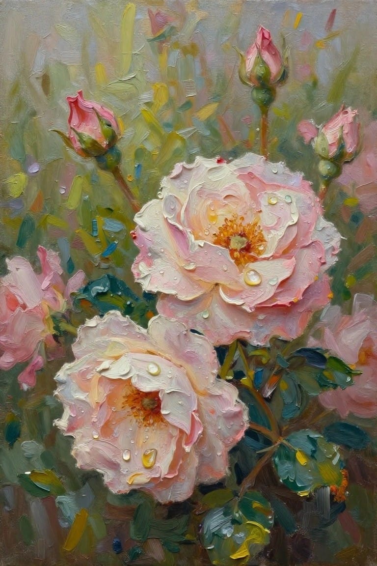 Pink roses in bloom with water droplets on petals amid green foliage.