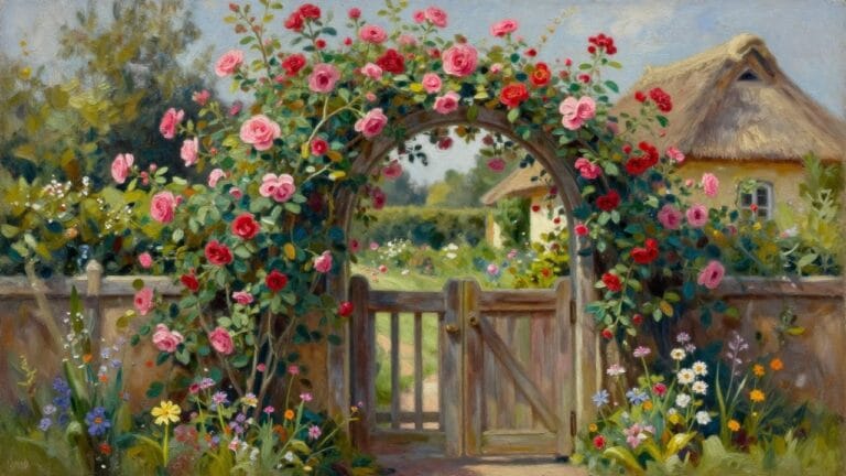 18 Charming Cottage Garden Oil Painting Ideas Full of Roses and Wildflowers Open wooden gate with arching pink roses, thatched cottages and wildflowers beyond.