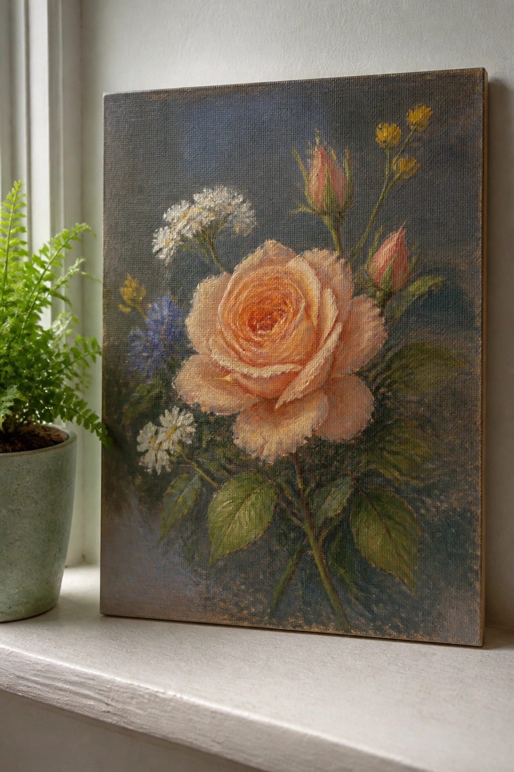 Large peach rose painting with buds, white daisies and blue flowers on canvas