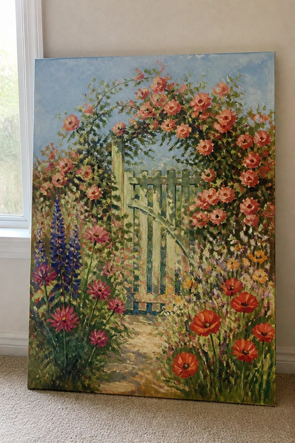 Vibrant painting of garden gate with pink roses arching over colorful wildflowers and path