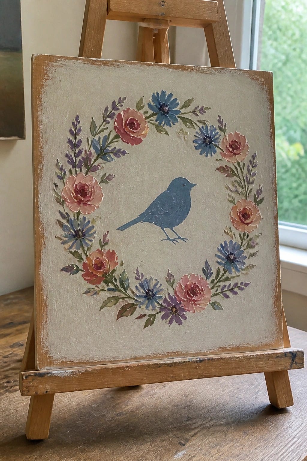 Blue bird silhouette in floral wreath of pink roses and blue blooms on easel.