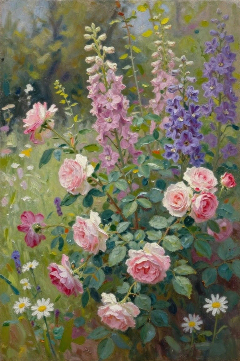 Pink roses and purple delphiniums amid green foliage with white daisies