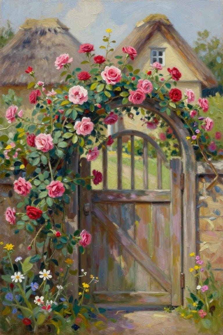 Open wooden gate with arching pink roses, thatched cottages and wildflowers beyond.