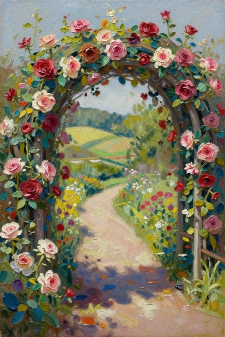 Vibrant oil painting of rose-covered arch framing a winding garden path.