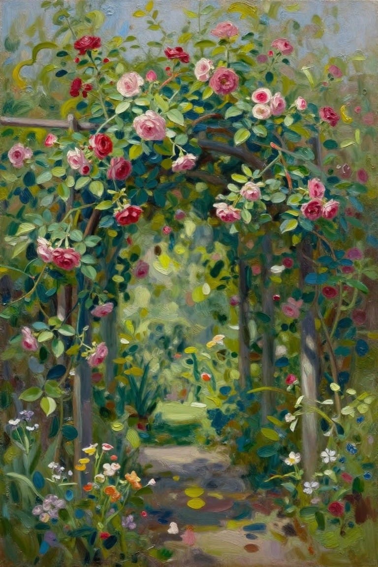 Lush impressionist painting of pink roses arching over a winding garden path