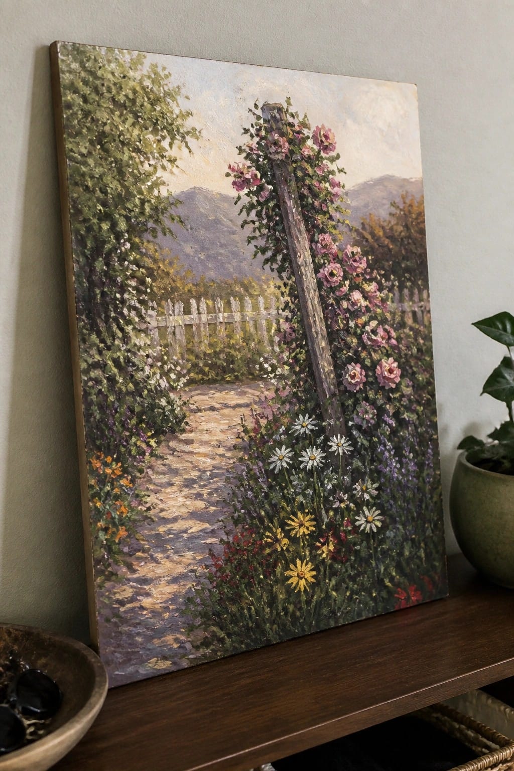 Impressionistic painting of pink roses on a post amid wildflowers along a garden path with mountains.
