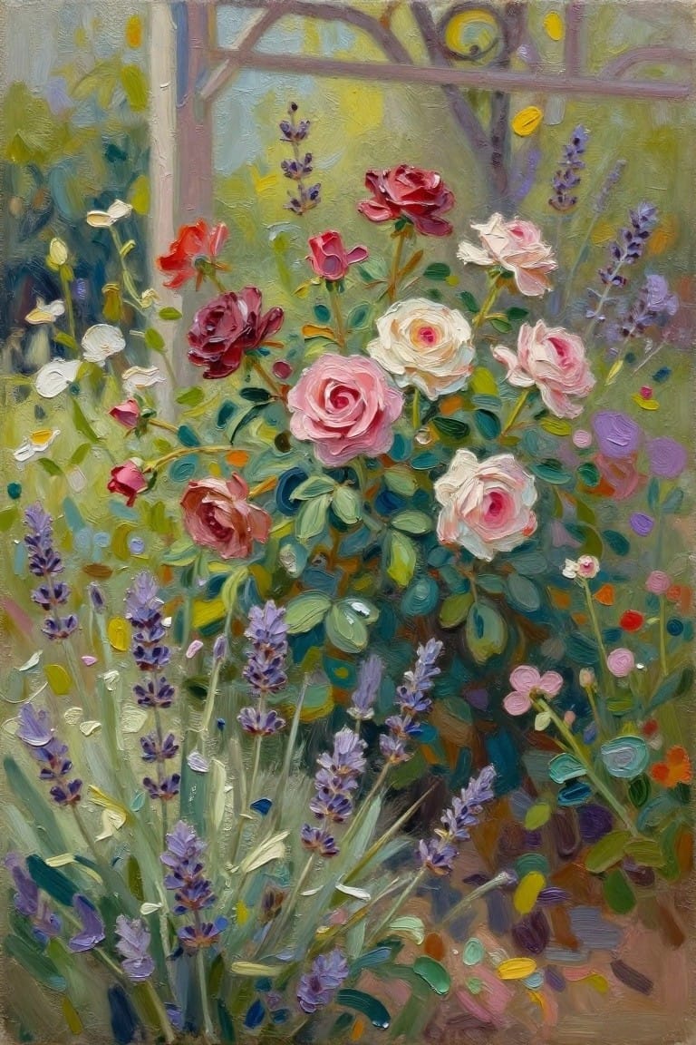 Colorful oil painting of pink red and white roses with purple lavender in a garden.