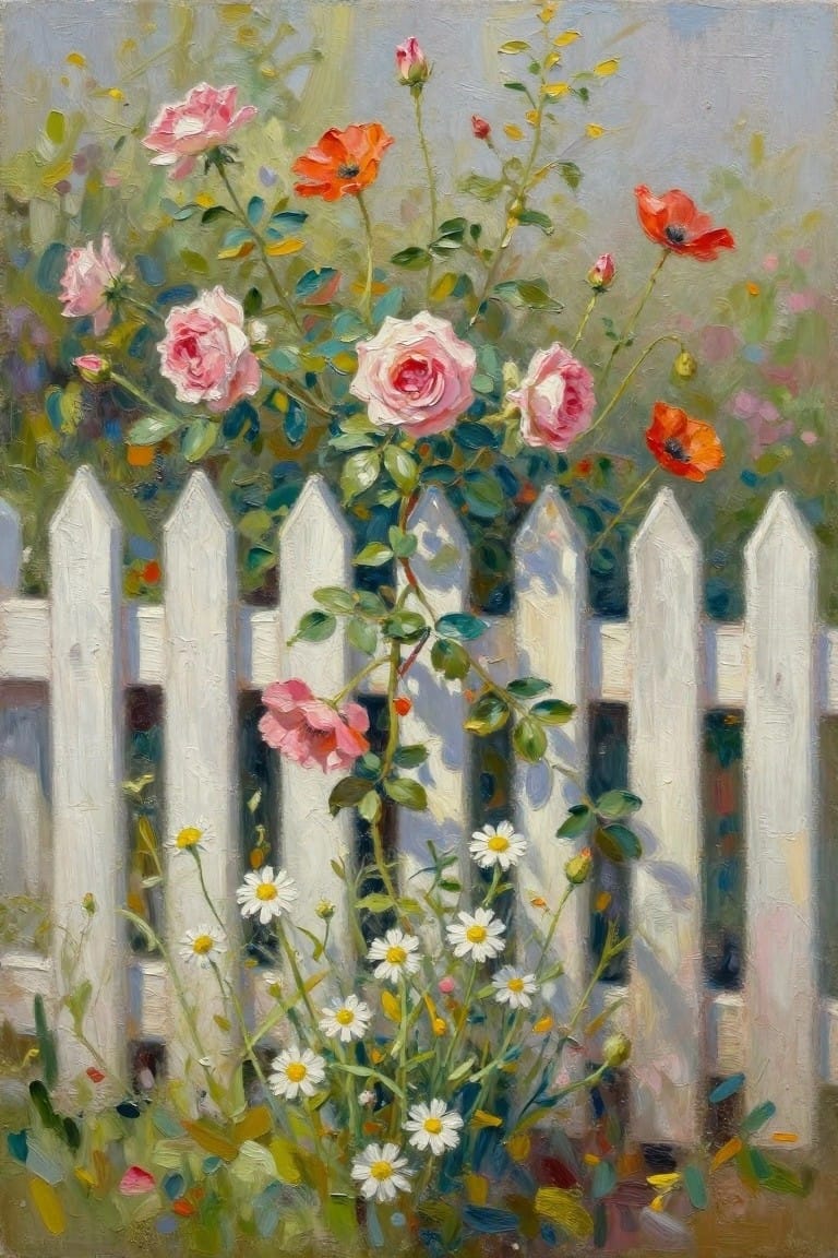An oil painting of pink roses, red poppies, and white daisies growing around and through a white picket fence.