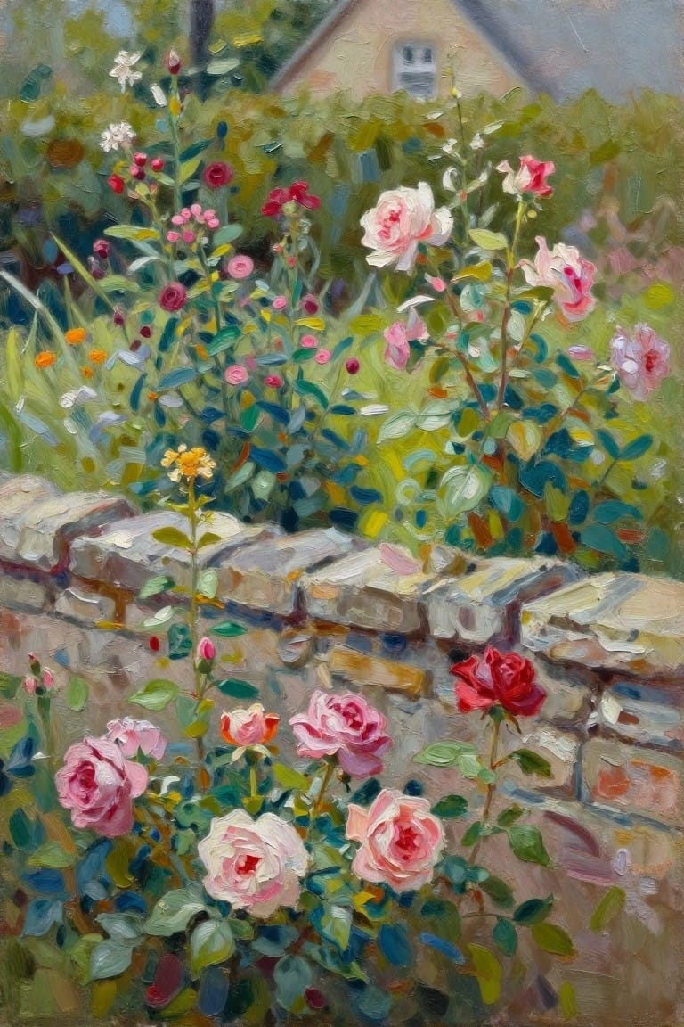 Vibrant oil painting of pink roses blooming over a stone garden wall with house behind