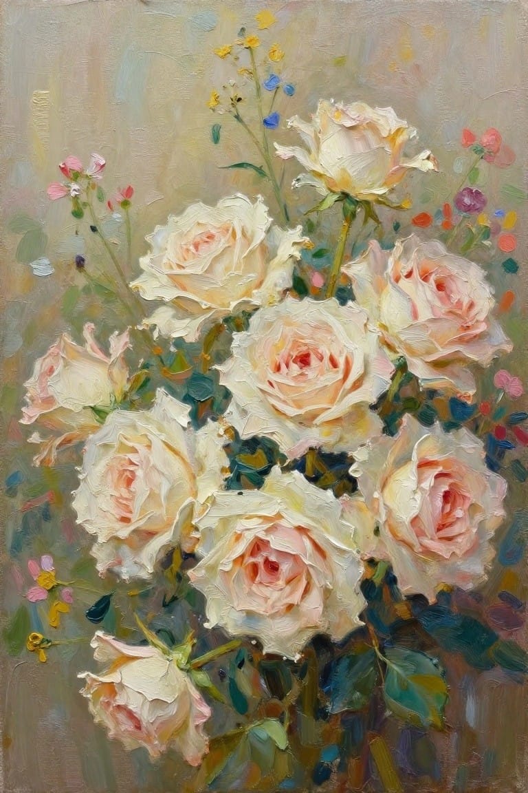 Impressionistic oil painting of white and pink roses with scattered wildflowers