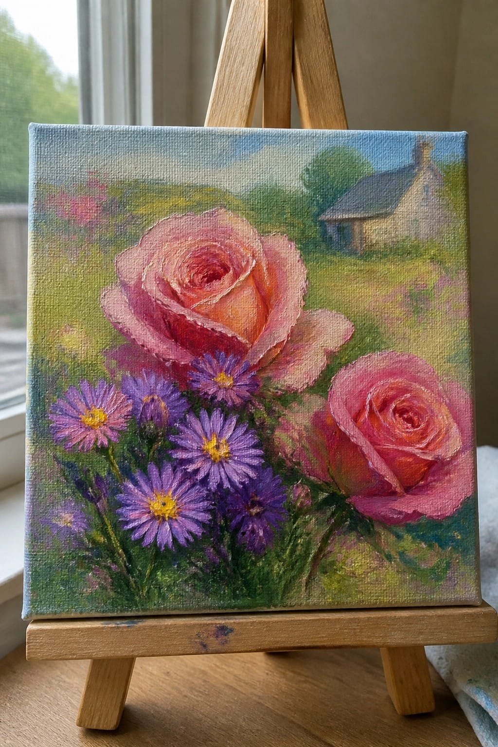 Impressionistic painting on easel with pink roses, purple asters, and distant cottage