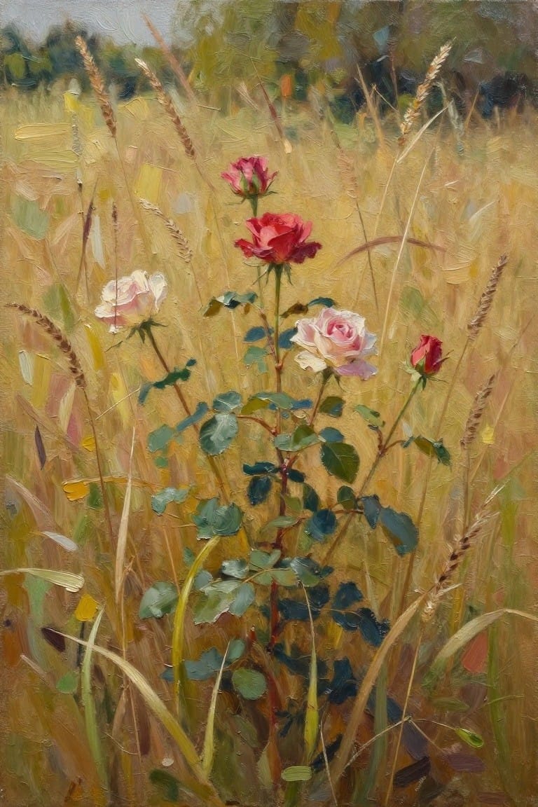 Several blooming red and pink roses amid tall golden field grass