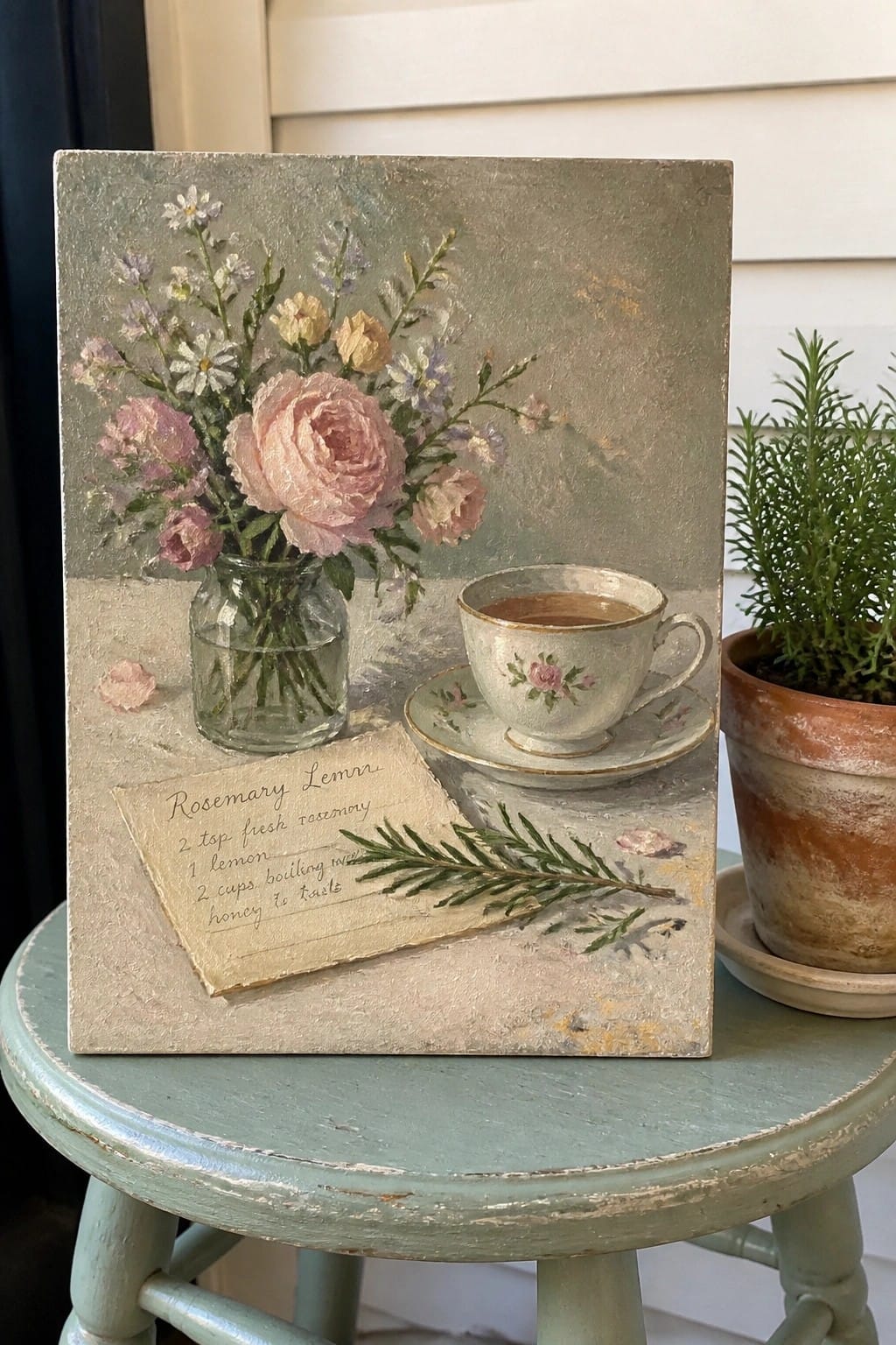Oil painting showing pink roses in a glass jar beside a floral teacup, recipe card, and rosemary sprig on a table.