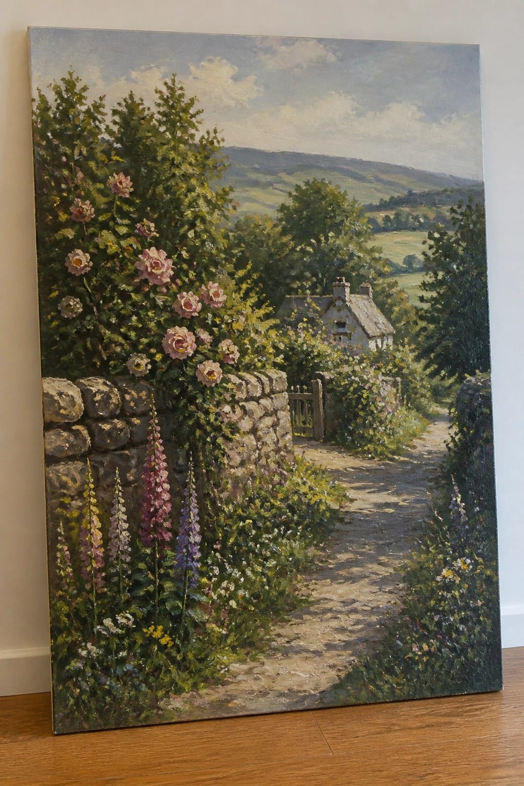 Stone wall blooming with roses and foxgloves beside winding path to cottage