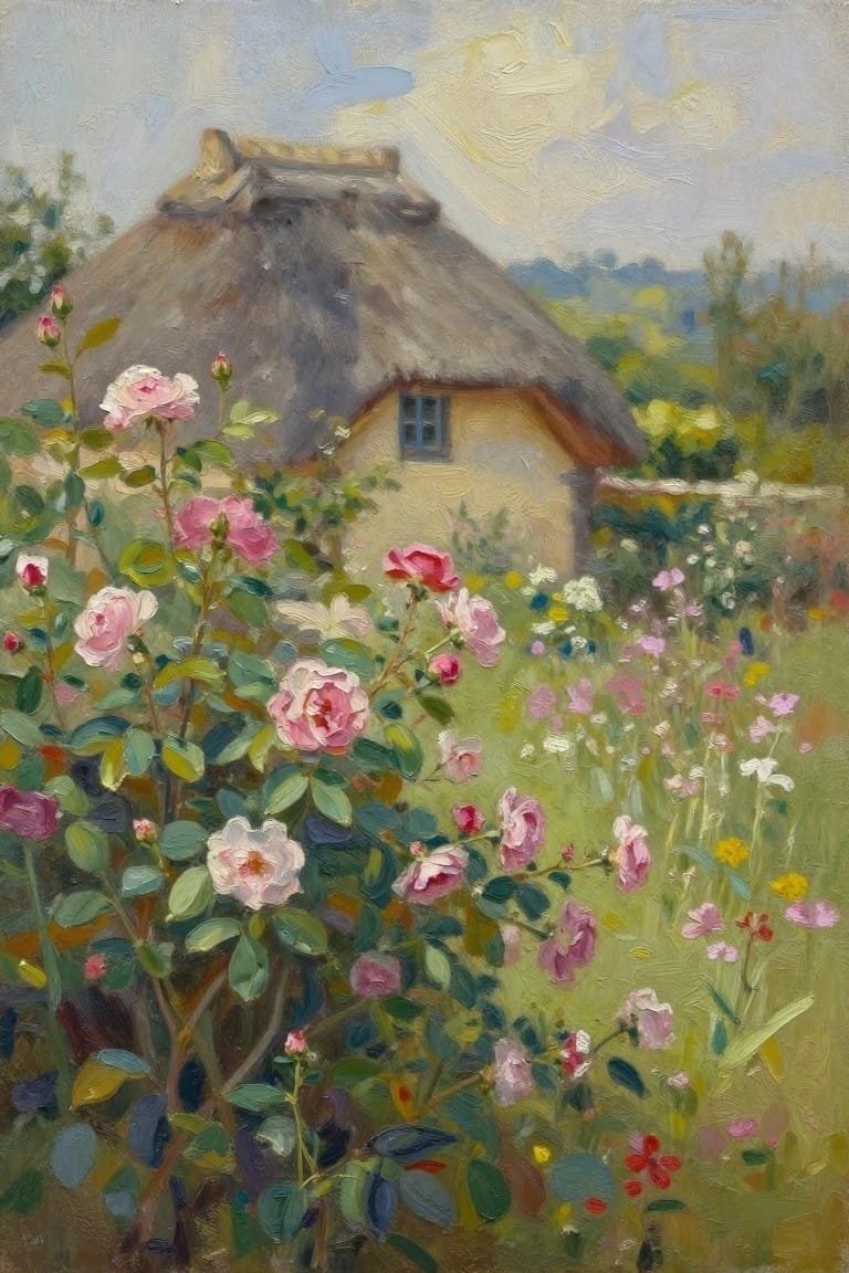 Thatched cottage behind blooming pink roses and colorful wildflowers in a garden.