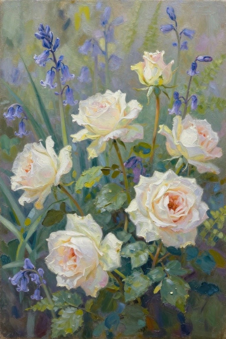 Creamy white roses with pink centers amid bluebells and green leaves in impressionist style.