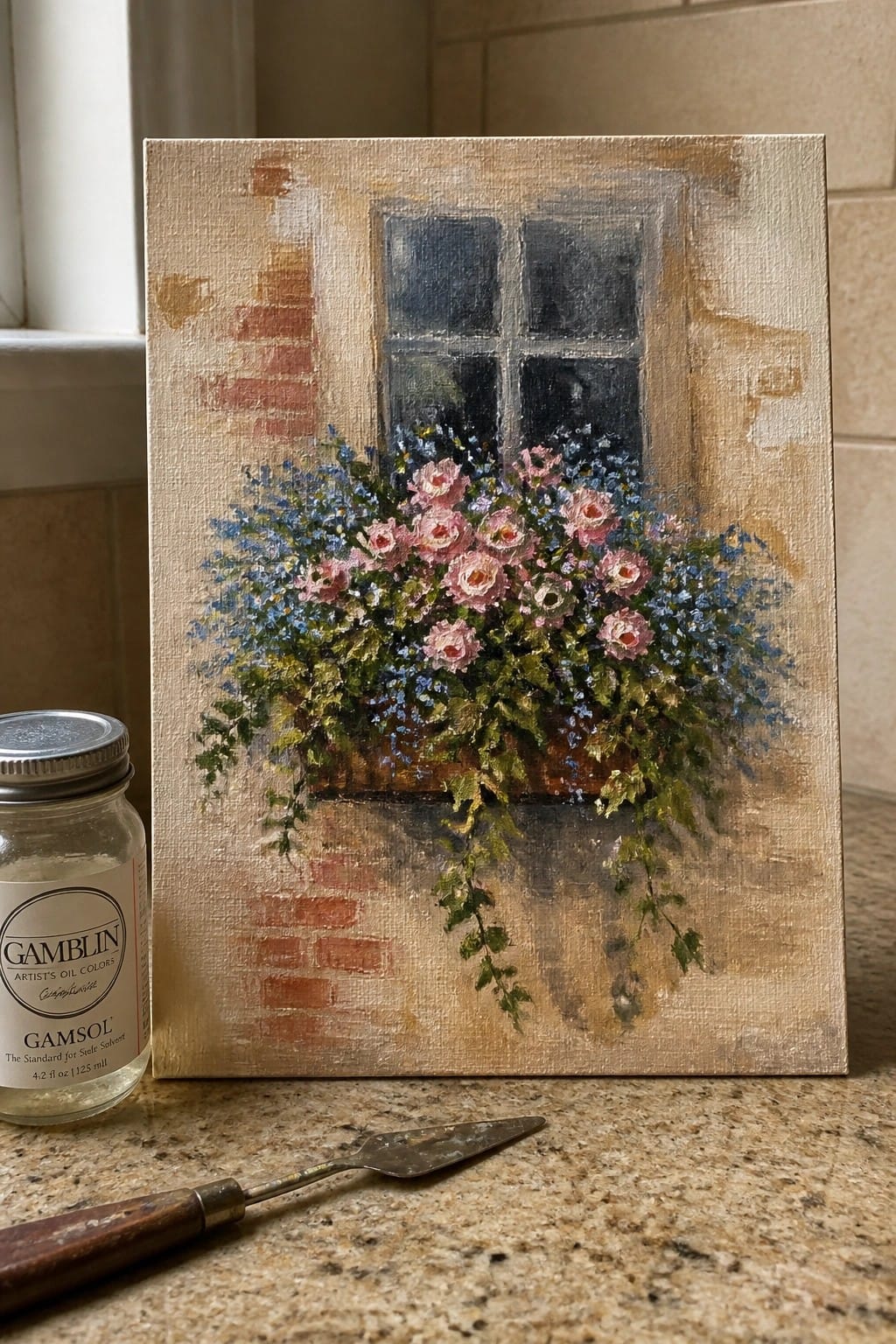 Oil painting of pink roses and blue flowers in a hanging window box on a brick wall with a Gamsol jar and palette knife in front.
