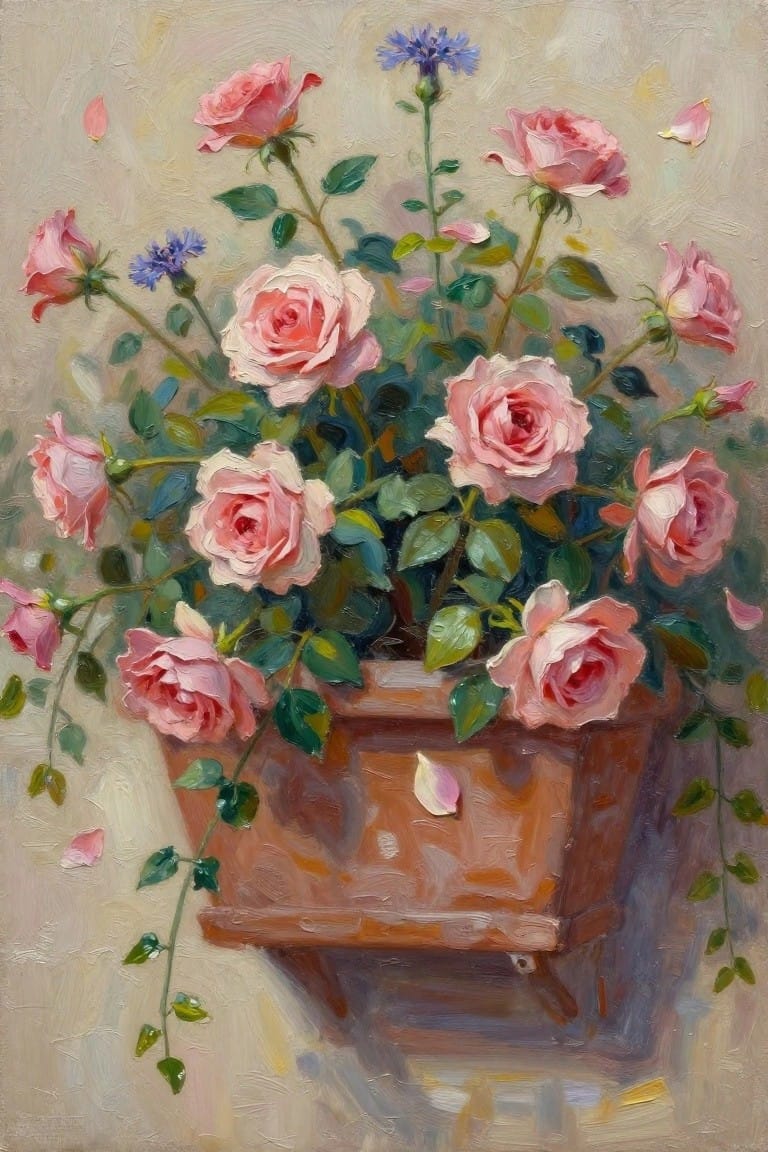Pink roses in wooden planter with blue flowers, green leaves, and falling petals