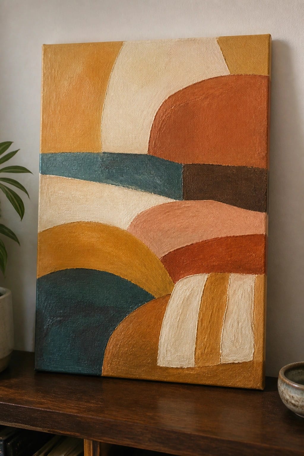 Abstract painting with curved shapes in yellow, orange, teal and brown on wooden surface.