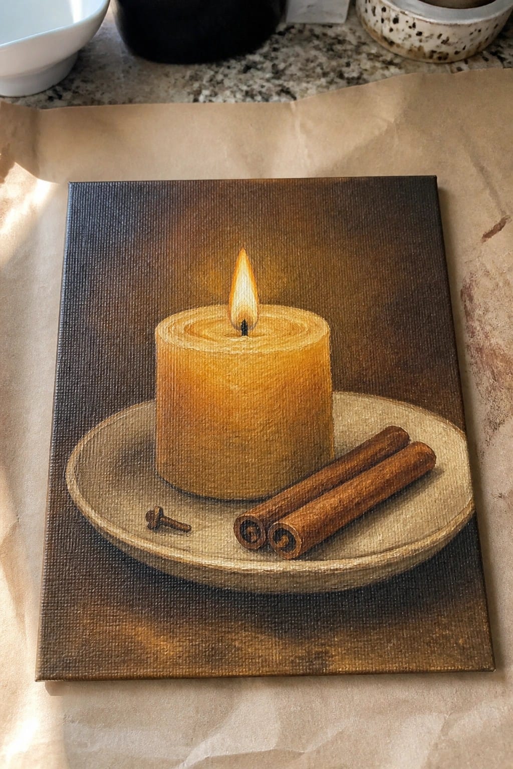 Realistic painting of lit candle on plate with two cinnamon sticks in warm tones.